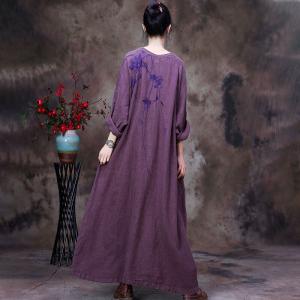 Plant Dyeing Long Sleeves Linen Dress V-Neck Embroidered Caftan