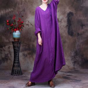 Plant Dyeing Long Sleeves Linen Dress V-Neck Embroidered Caftan