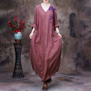 Plant Dyeing Long Sleeves Linen Dress V-Neck Embroidered Caftan