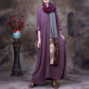 Plant Dyeing Long Sleeves Linen Dress V-Neck Embroidered Caftan