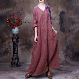 Plant Dyeing Long Sleeves Linen Dress V-Neck Embroidered Caftan