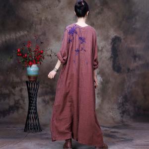 Plant Dyeing Long Sleeves Linen Dress V-Neck Embroidered Caftan