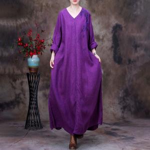 Plant Dyeing Long Sleeves Linen Dress V-Neck Embroidered Caftan