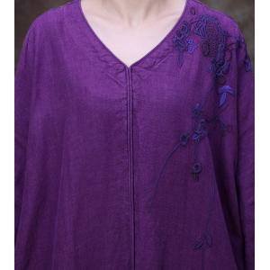 Plant Dyeing Long Sleeves Linen Dress V-Neck Embroidered Caftan