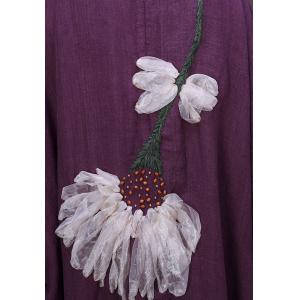 Stereo Flowers Applique Linen Cardigan Plus Size Modest Flax Clothing