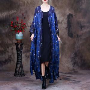 Dolman Sleeves Blue Kimono Cardigan Printed Large Overcoat