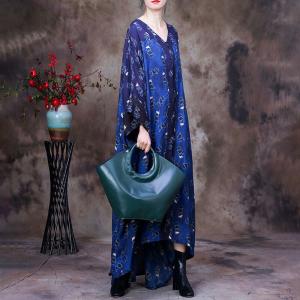 Dolman Sleeves Blue Kimono Cardigan Printed Large Overcoat