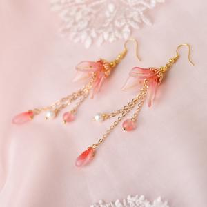 Red Glass Long Earrings Chinese Style Pearl Earring