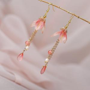 Red Glass Long Earrings Chinese Style Pearl Earring