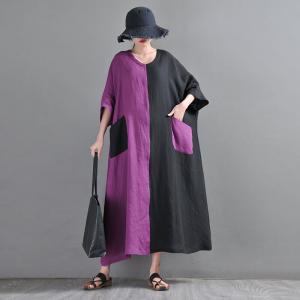 Purple and Black Linen Caftan Half Sleeves Beach Coverups