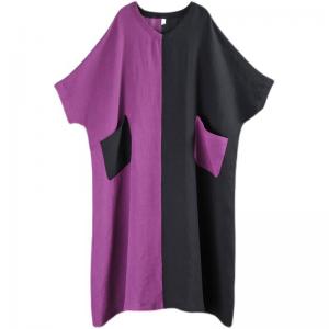 Purple and Black Linen Caftan Half Sleeves Beach Coverups