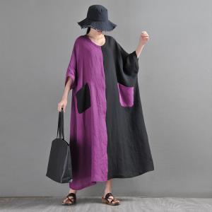 Purple and Black Linen Caftan Half Sleeves Beach Coverups