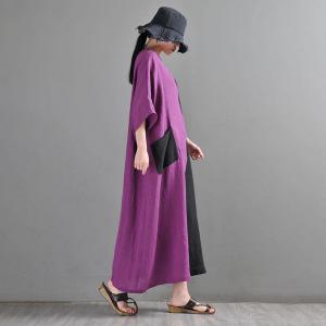 Purple and Black Linen Caftan Half Sleeves Beach Coverups