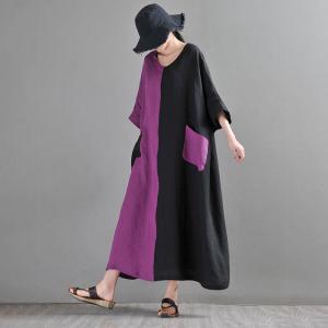 Purple and Black Linen Caftan Half Sleeves Beach Coverups