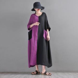 Purple and Black Linen Caftan Half Sleeves Beach Coverups