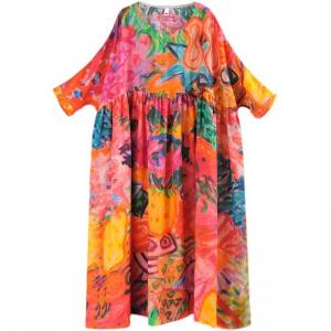 Summer Beach Printed Tunic Dress Plus Size Ramie Graffiti Dress