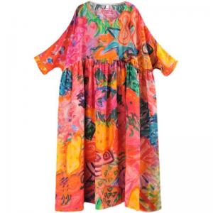 Summer Beach Printed Tunic Dress Plus Size Ramie Graffiti Dress