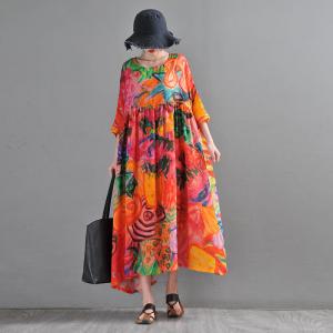 Summer Beach Printed Tunic Dress Plus Size Ramie Graffiti Dress