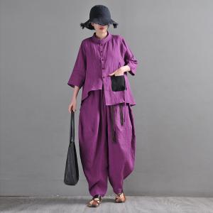 Black Pocket Purple Blouse Asymmetrical Linen Customized Shirt