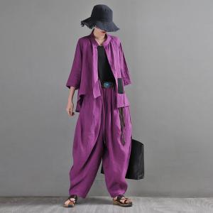 Black Pocket Purple Blouse Asymmetrical Linen Customized Shirt