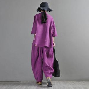 Black Pocket Purple Blouse Asymmetrical Linen Customized Shirt