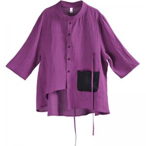 Black Pocket Purple Blouse Asymmetrical Linen Customized Shirt