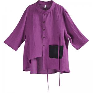 Black Pocket Purple Blouse Asymmetrical Linen Customized Shirt