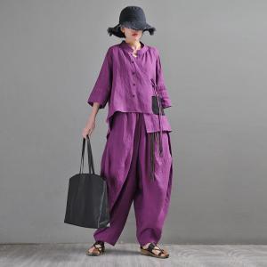 Black Pocket Purple Blouse Asymmetrical Linen Customized Shirt