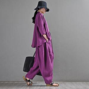 Black Pocket Purple Blouse Asymmetrical Linen Customized Shirt