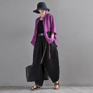 Black Pocket Purple Blouse Asymmetrical Linen Customized Shirt