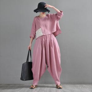 Organic Linen Pink Balloon Pants Loose Summer Flax Harem Pants