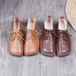 Cowhide Leather Platform Shoes Square Toe Tied Footwear