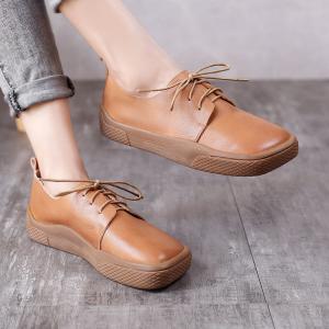 Cowhide Leather Platform Shoes Square Toe Tied Footwear