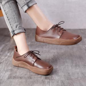 Cowhide Leather Platform Shoes Square Toe Tied Footwear