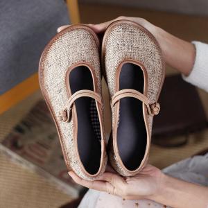 Chinese Style Chunky Linen Flats Low Heels Buckle Sandals