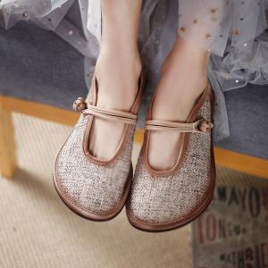 Chinese Style Chunky Linen Flats Low Heels Buckle Sandals