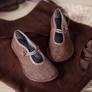 Chinese Style Chunky Linen Flats Low Heels Buckle Sandals