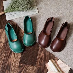 Round Toe Comfy Granny Shoes Leather British Flats