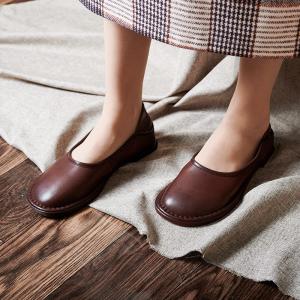 Round Toe Comfy Granny Shoes Leather British Flats