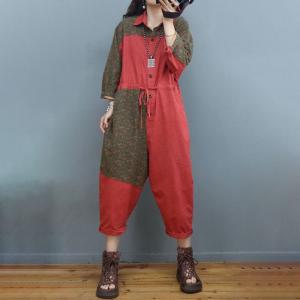 Floral Patchwork Tied Jumpsuits Polo Neck Loose Coveralls