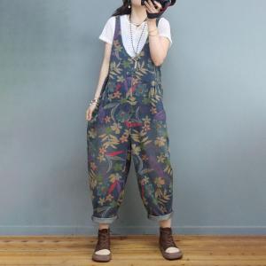 V-Neck Flowers Jean Overalls Relax-Fit 90s Overalls for Women