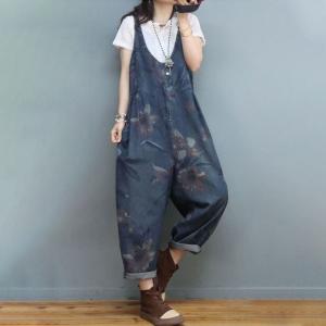 V-Neck Flowers Jean Overalls Relax-Fit 90s Overalls for Women