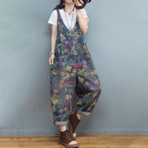 V-Neck Flowers Jean Overalls Relax-Fit 90s Overalls for Women