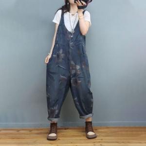 V-Neck Flowers Jean Overalls Relax-Fit 90s Overalls for Women