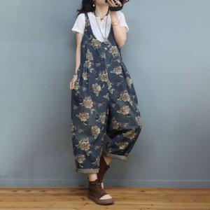 V-Neck Flowers Jean Overalls Relax-Fit 90s Overalls for Women