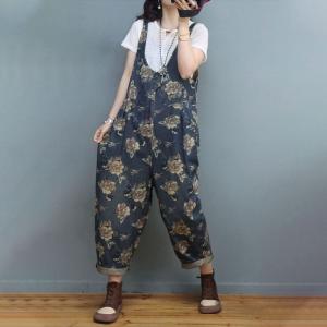 V-Neck Flowers Jean Overalls Relax-Fit 90s Overalls for Women