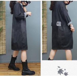 Polo Neck Stone Wash Jean Dress Long Sleeves Knee-Length Dress