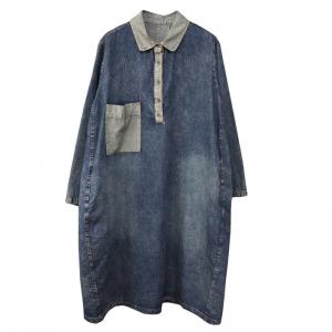 Polo Neck Stone Wash Jean Dress Long Sleeves Knee-Length Dress