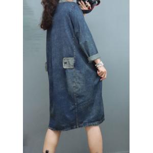Polo Neck Stone Wash Jean Dress Long Sleeves Knee-Length Dress