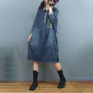 Polo Neck Stone Wash Jean Dress Long Sleeves Knee-Length Dress